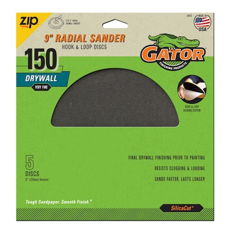 Gator Finishing 9" Zip SilicaCut Radial Drywall Sander Hook and Loop Discs, 150 Very Fine Grit 6443